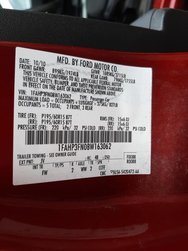 Photo 10 from auction – 2011 FORD FOCUS SE with VIN 1FAHP3FN0BW163062