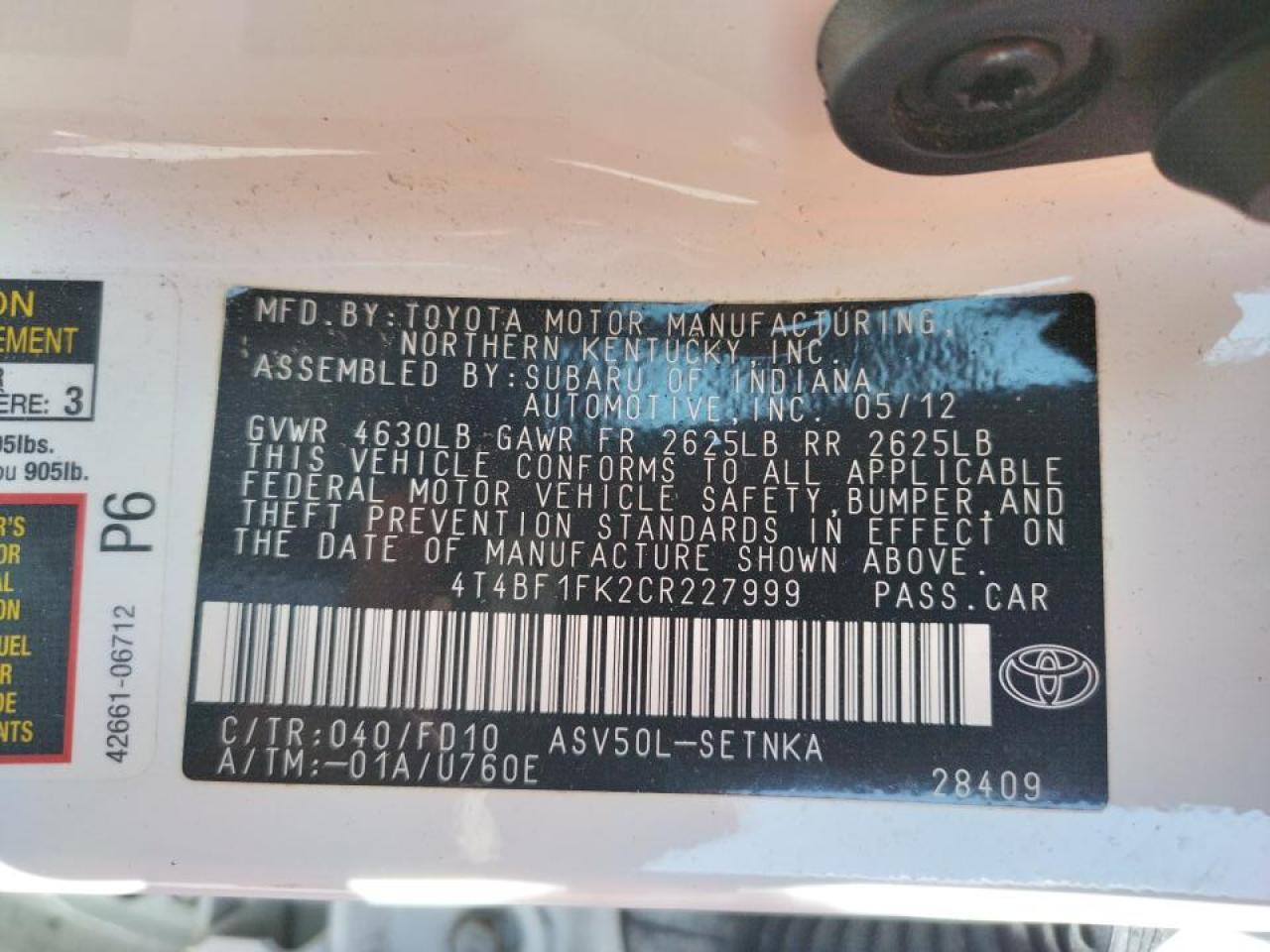 Photo 10 from auction – 2012 TOYOTA CAMRY BASE with VIN 4T4BF1FK2CR227999
