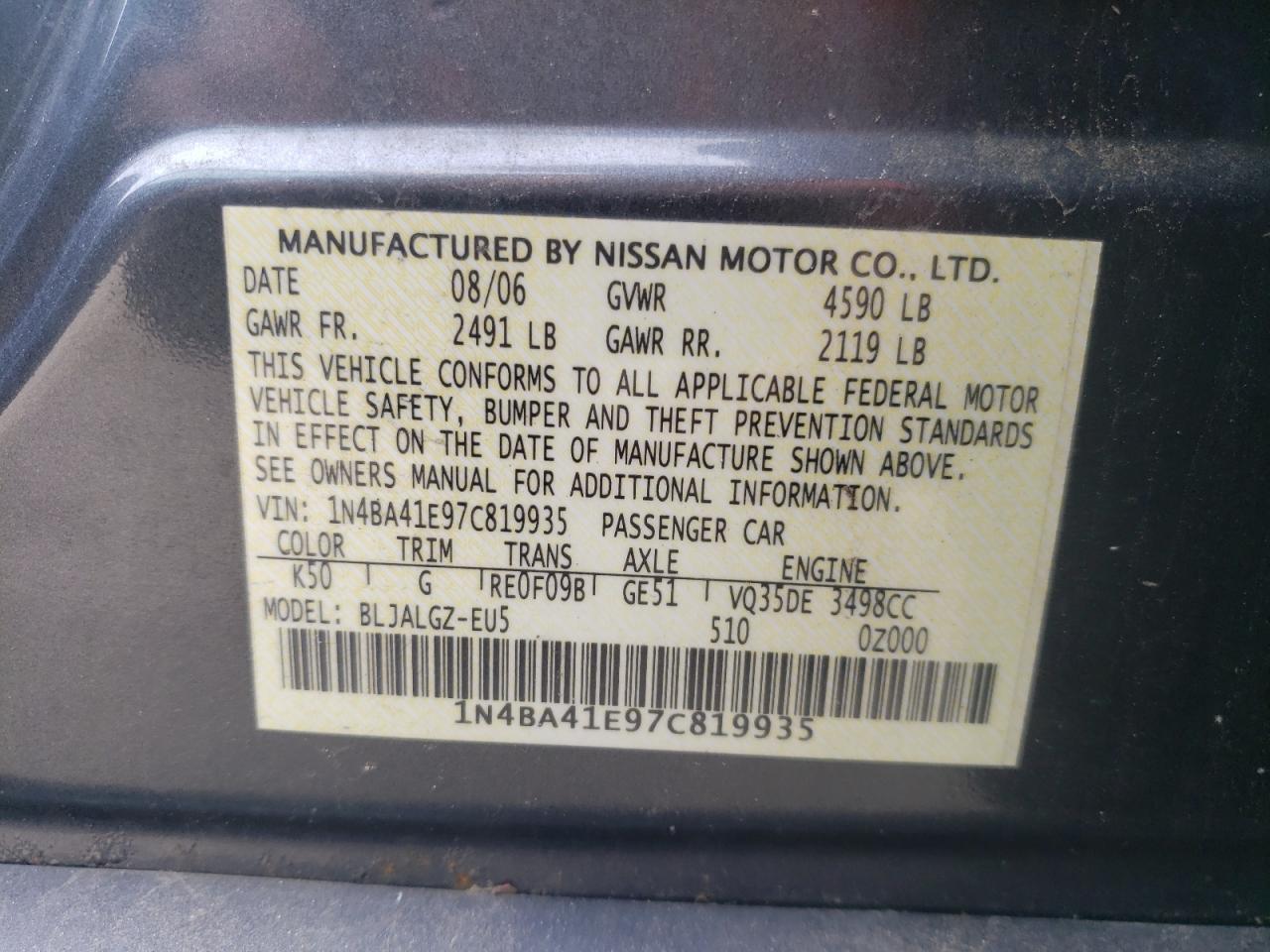 Photo 10 from auction – 2007 NISSAN MAXIMA SE with VIN 1N4BA41E97C819935
