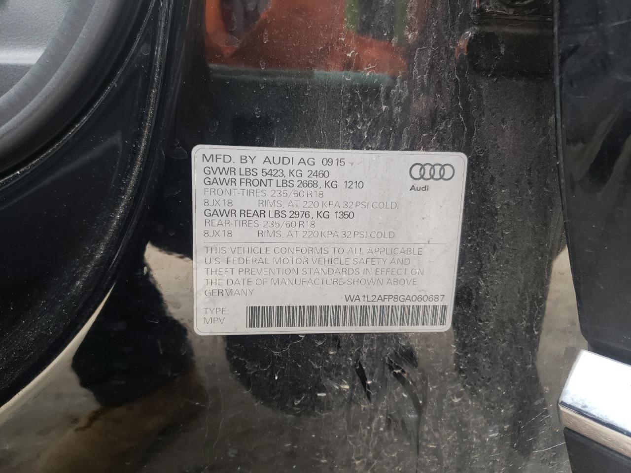 Photo 10 from auction – 2016 AUDI Q5 with VIN WA1L2AFP8GA060687