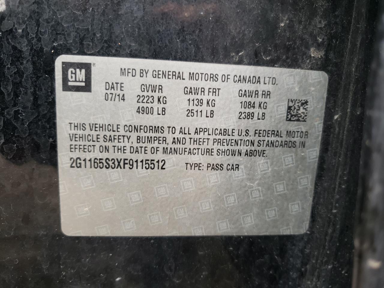 Photo 10 from auction – 2015 CHEVROLET IMPALA LTZ with VIN 2G1165S3XF9115512