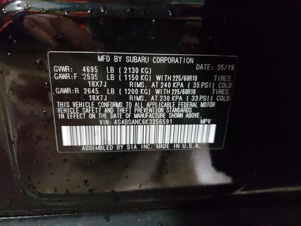 Photo 10 from auction – 2019 SUBARU OUTBACK 2. with VIN 4S4BSANC6K3356591