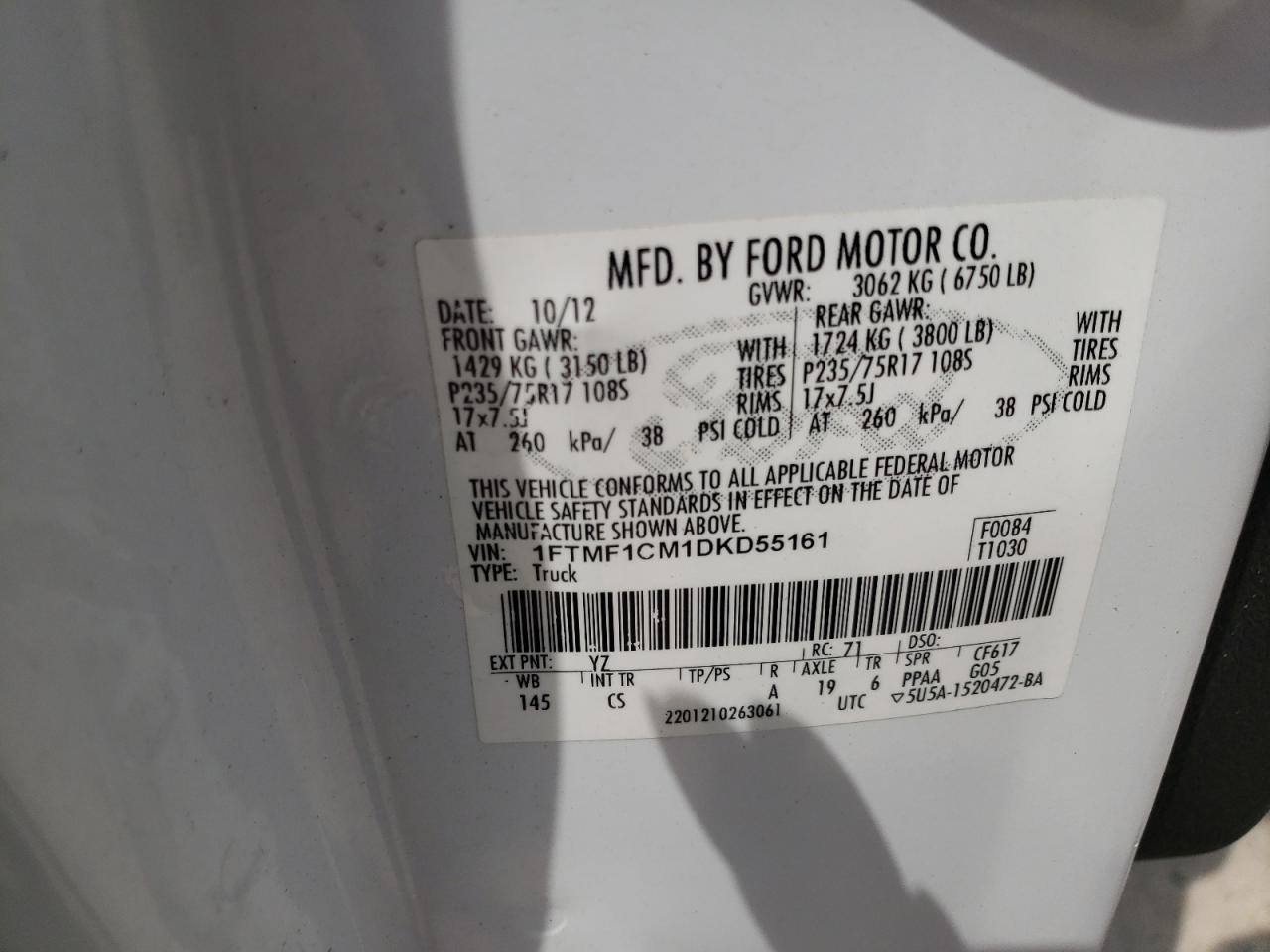 Photo 10 from auction – 2013 FORD F150 with VIN 1FTMF1CM1DKD55161