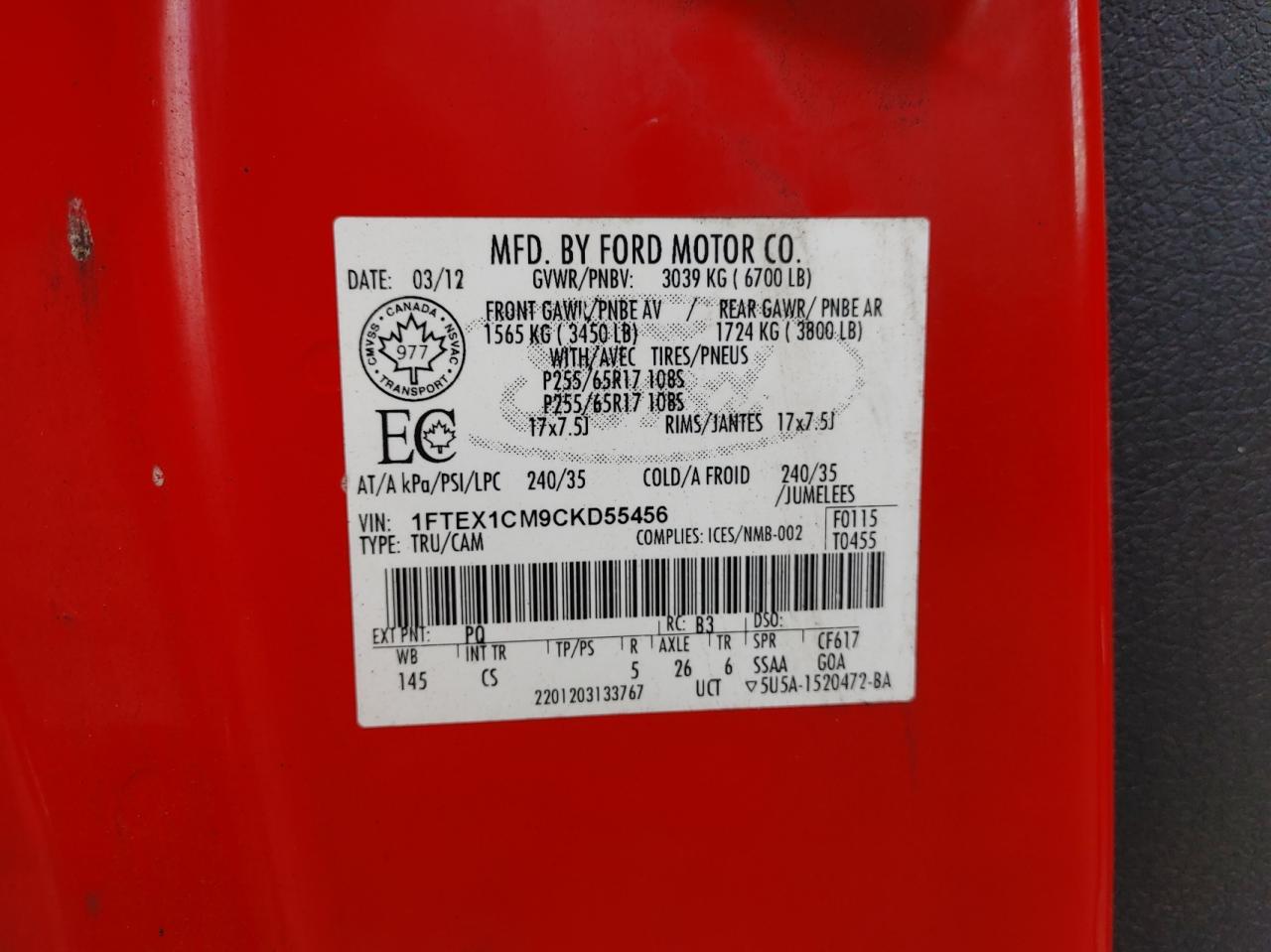 Photo 10 from auction – 2012 FORD F150 SUPER with VIN 1FTEX1CM9CKD55456