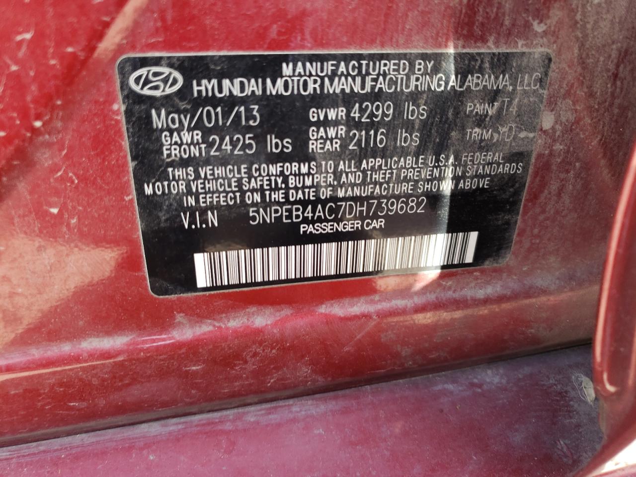 Photo 10 from auction – 2013 HYUNDAI SONATA GLS with VIN 5NPEB4AC7DH739682