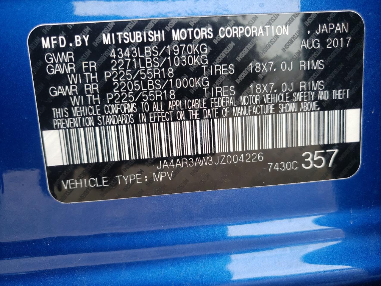Photo 10 from auction – 2018 MITSUBISHI OUTLANDER with VIN JA4AR3AW3JZ004226