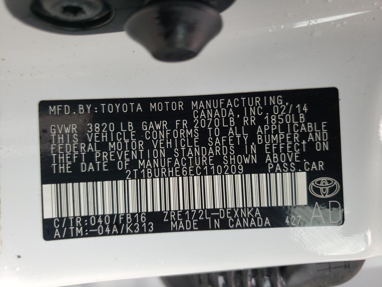 Photo 10 from auction – 2014 TOYOTA COROLLA L with VIN 2T1BURHE6EC110209