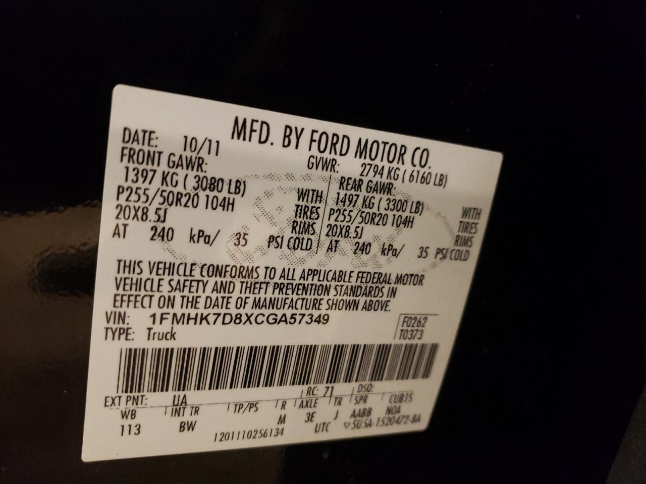 Photo 10 from auction – 2012 FORD EXPLORER X with VIN 1FMHK7D8XCGA57349