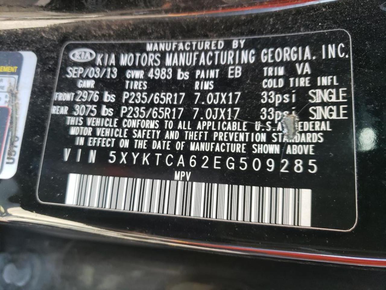 Photo 10 from auction – 2014 KIA SORENTO LX with VIN 5XYKTCA62EG509285