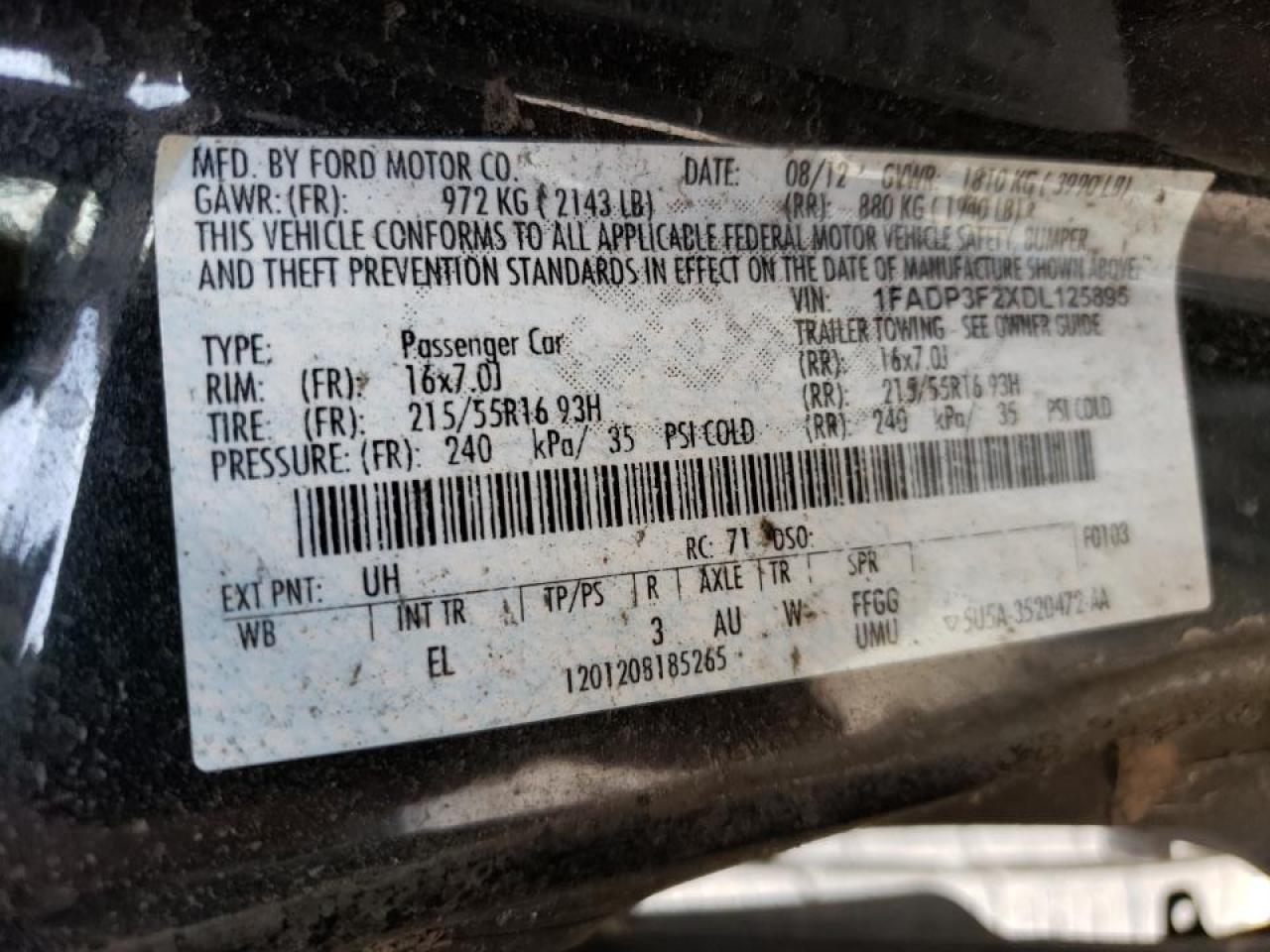 Photo 10 from auction – 2013 FORD FOCUS SE with VIN 1FADP3F2XDL125895