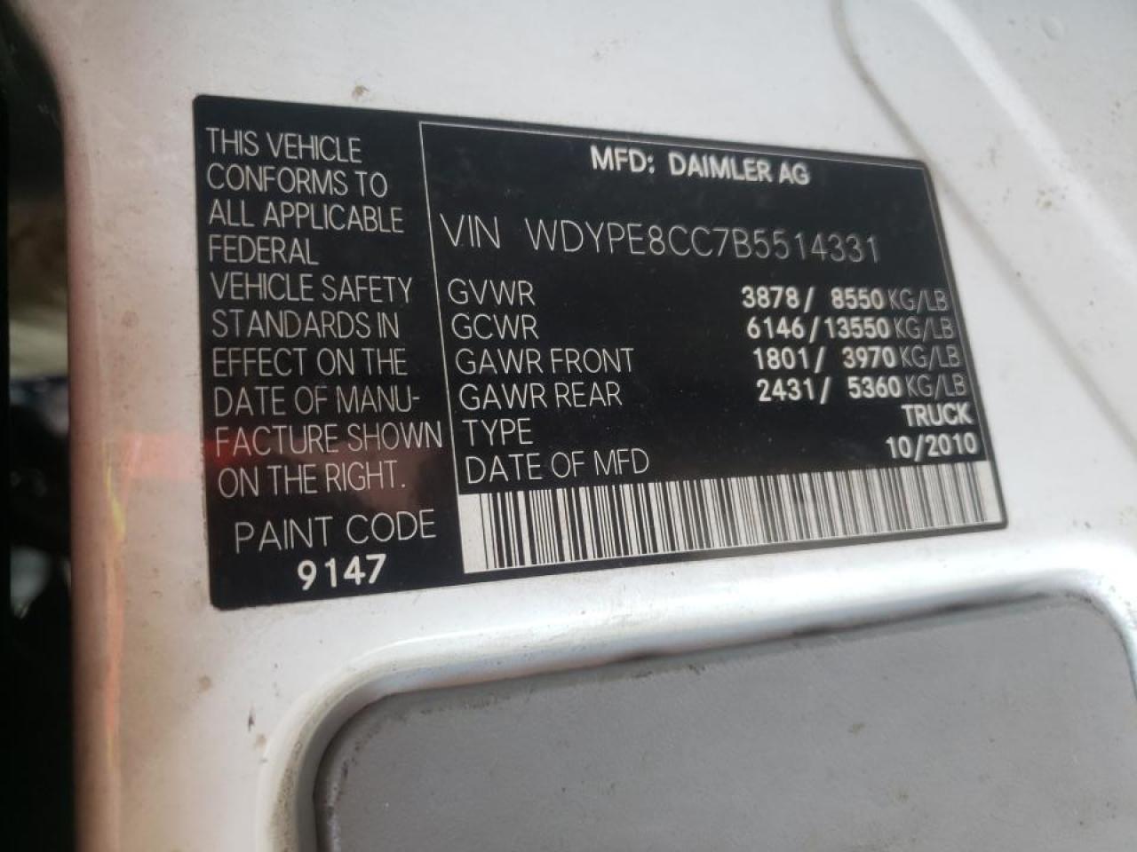 Photo 10 from auction – 2011 FREIGHTLINER SPRINTER 2 with VIN WDYPE8CC7B5514331