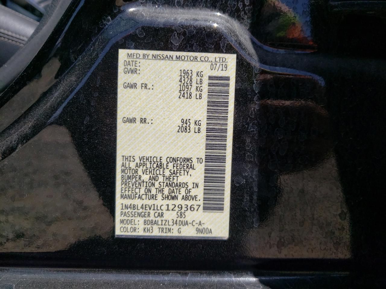 Photo 10 from auction – 2020 NISSAN ALTIMA SL with VIN 1N4BL4EV1LC129367