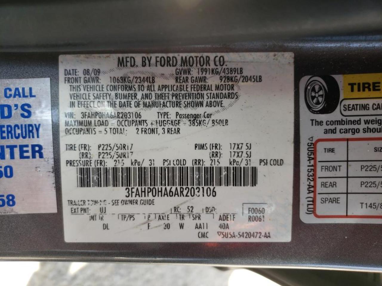 Photo 10 from auction – 2010 FORD FUSION with VIN 3FAHP0HA6AR203106