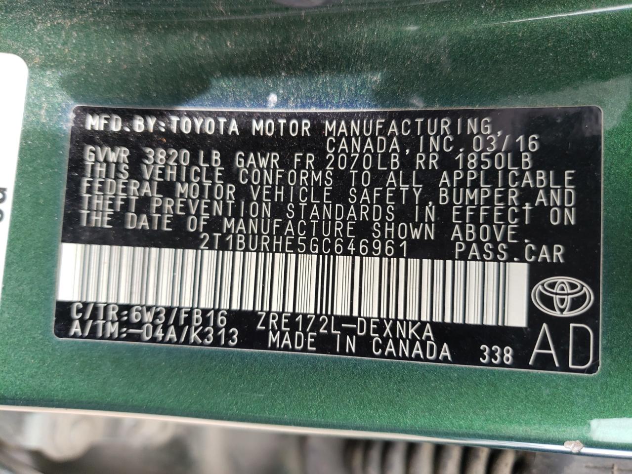 Photo 10 from auction – 2016 TOYOTA COROLLA L with VIN 2T1BURHE5GC646961