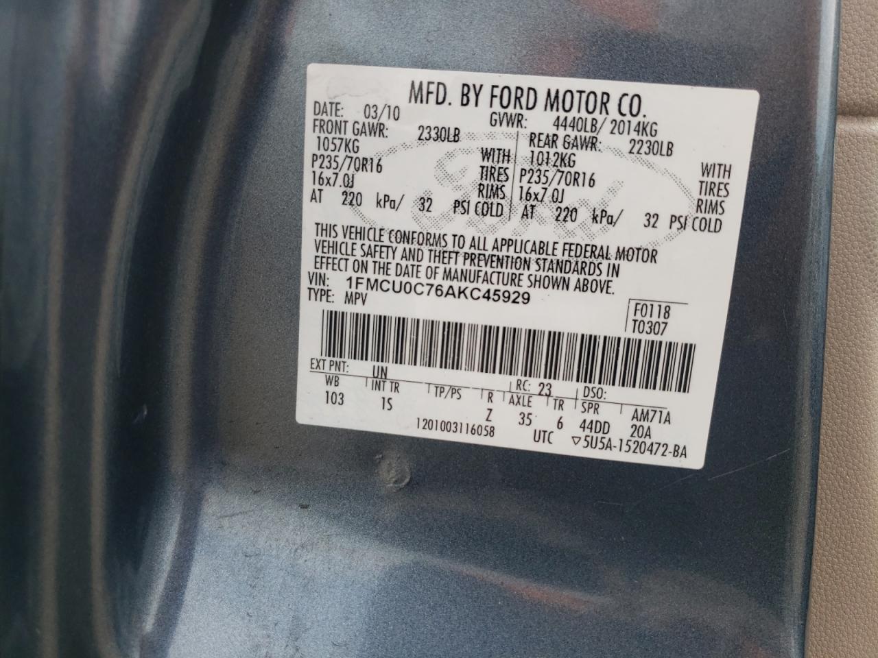 صورة رقم 10 من المزاد - 2010 FORD ESCAPE XLS مع VIN 1FMCU0C76AKC45929