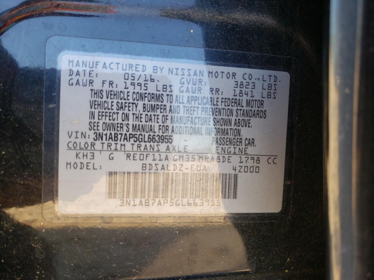 Photo 10 from auction – 2016 NISSAN SENTRA S with VIN 3N1AB7AP5GL663955