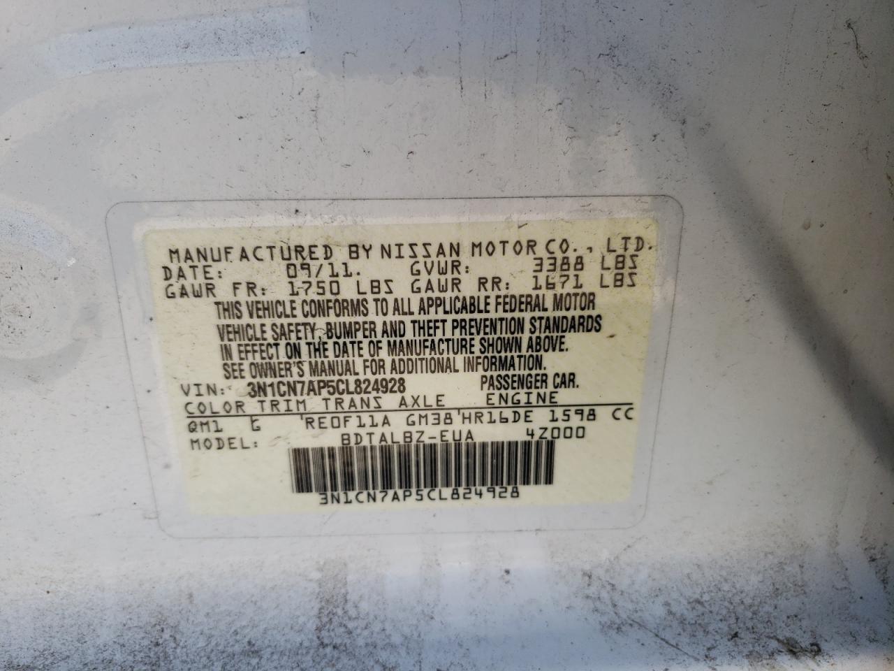 Photo 10 from auction – 2012 NISSAN VERSA with VIN 3N1CN7AP5CL824928