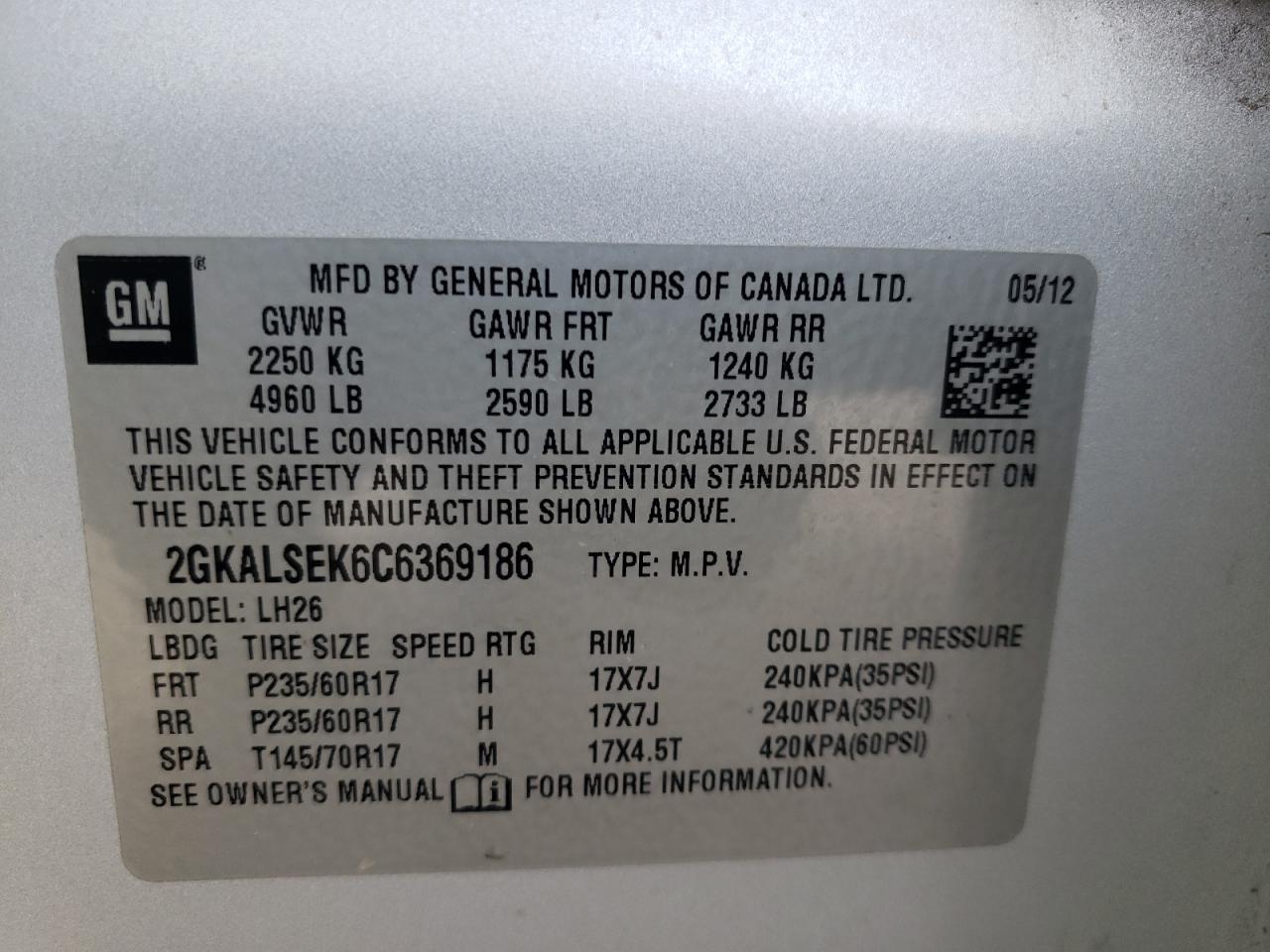 Photo 10 from auction – 2012 GMC TERRAIN SL with VIN 2GKALSEK6C6369186