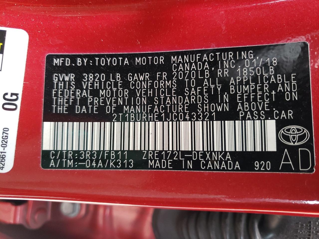 Photo 10 from auction – 2018 TOYOTA COROLLA L with VIN 2T1BURHE1JC043321