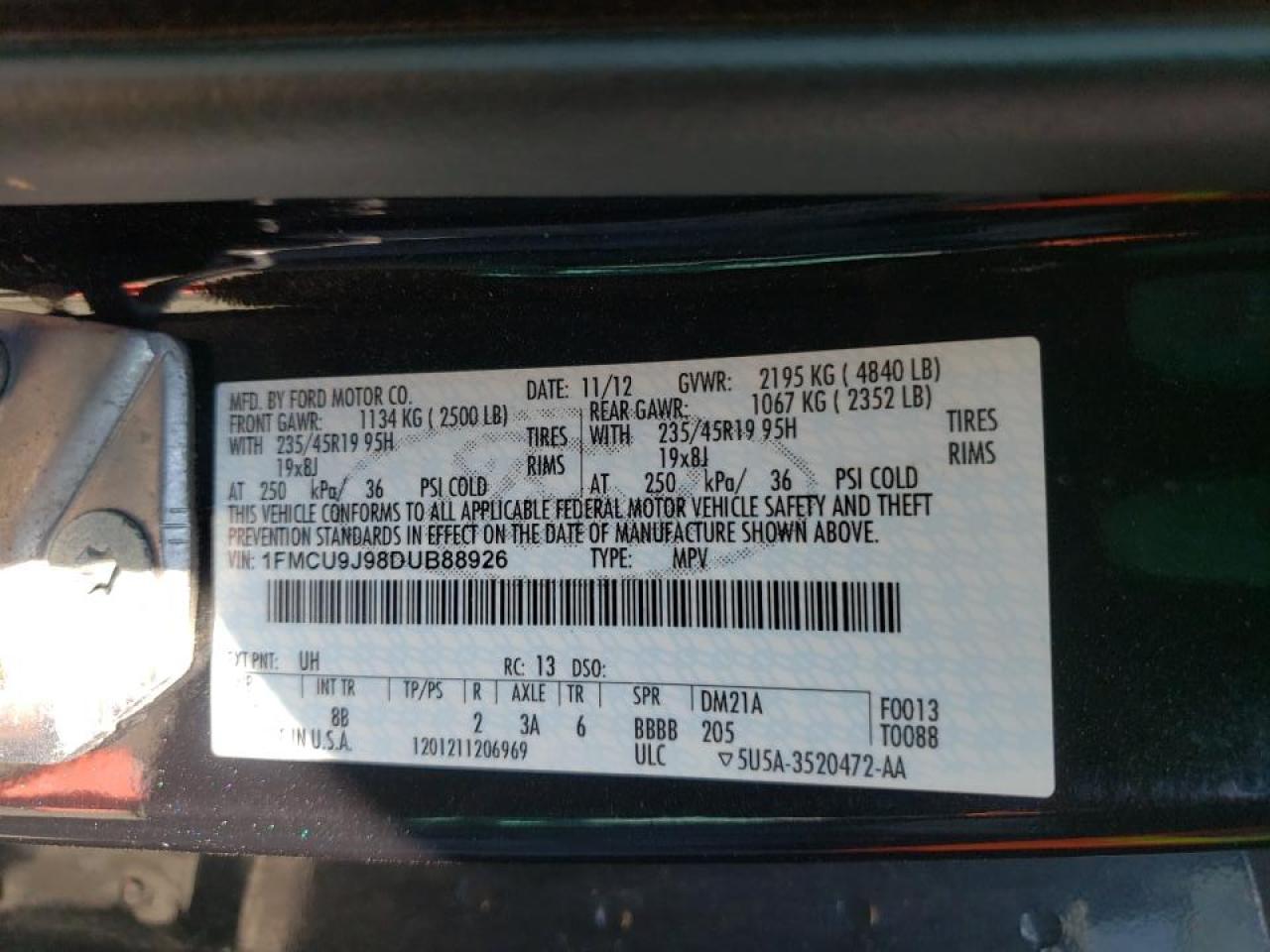 Photo 10 from auction – 2013 FORD ESCAPE TIT with VIN 1FMCU9J98DUB88926