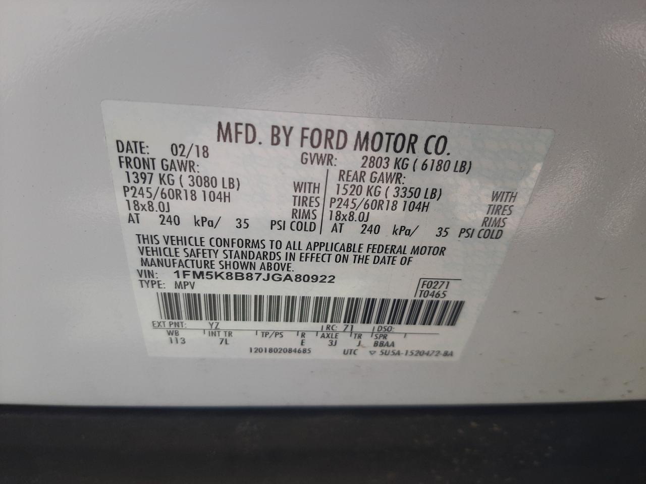 Photo 10 from auction – 2018 FORD EXPLORER with VIN 1FM5K8B87JGA80922