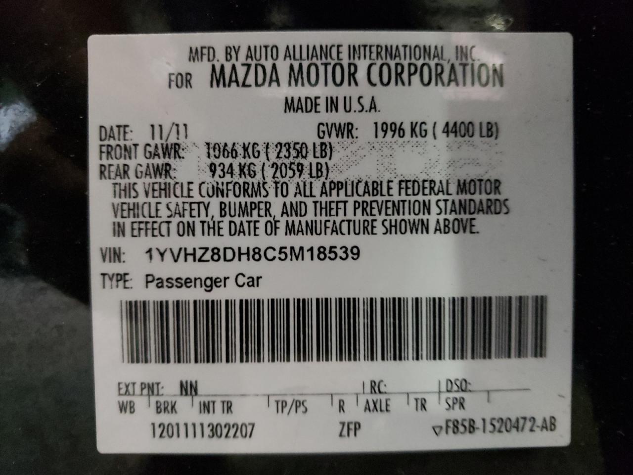 Photo 10 from auction – 2012 MAZDA 6 I with VIN 1YVHZ8DH8C5M18539