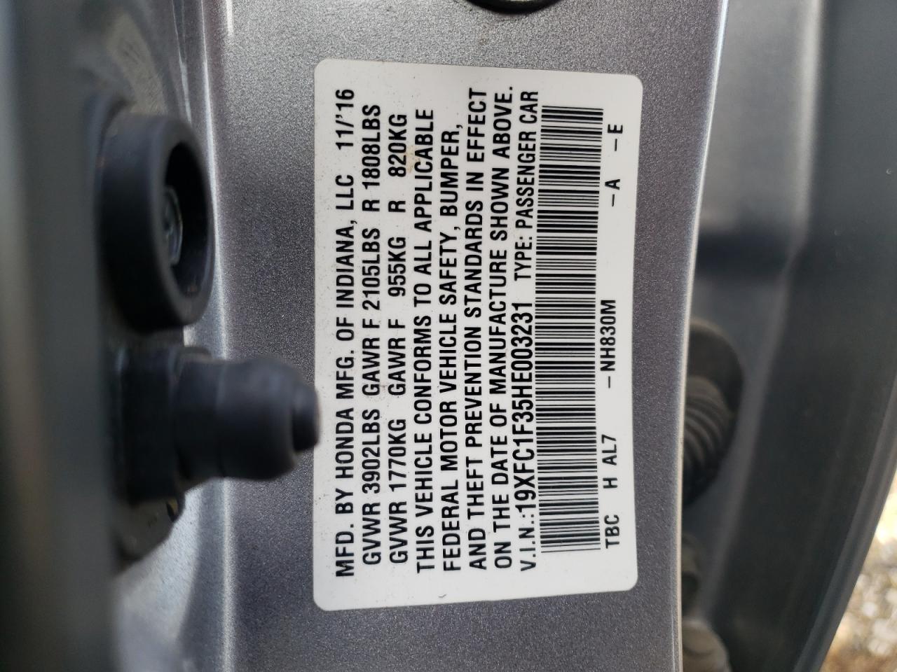 Photo 10 from auction – 2017 HONDA CIVIC EX with VIN 19XFC1F35HE003231
