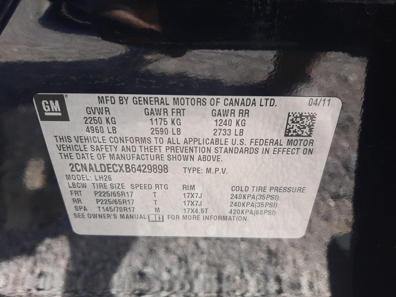 Photo 10 from auction – 2011 CHEVROLET EQUINOX LT with VIN 2CNALDECXB6429898