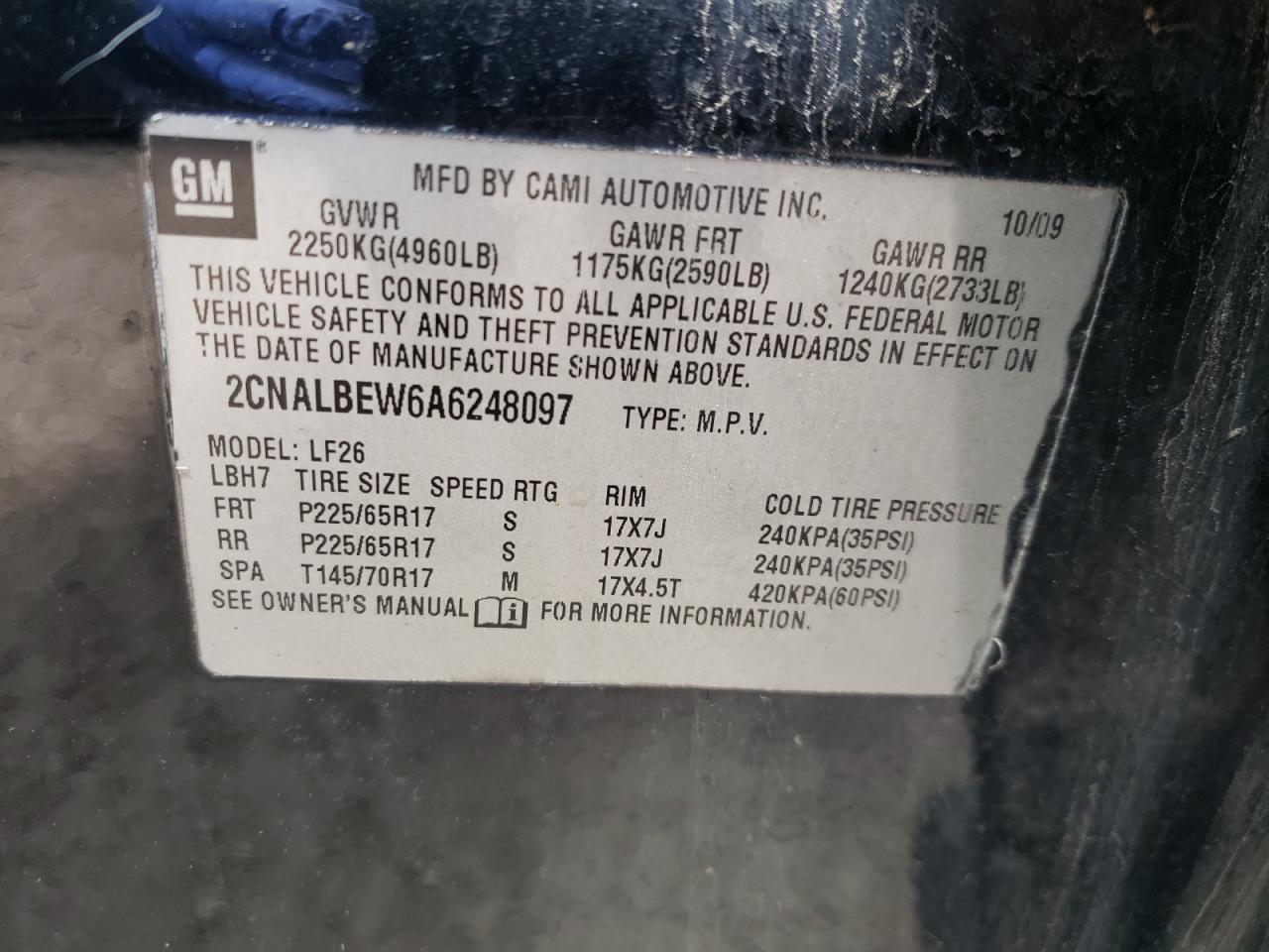 Photo 10 from auction – 2010 CHEVROLET EQUINOX LS with VIN 2CNALBEW6A6248097