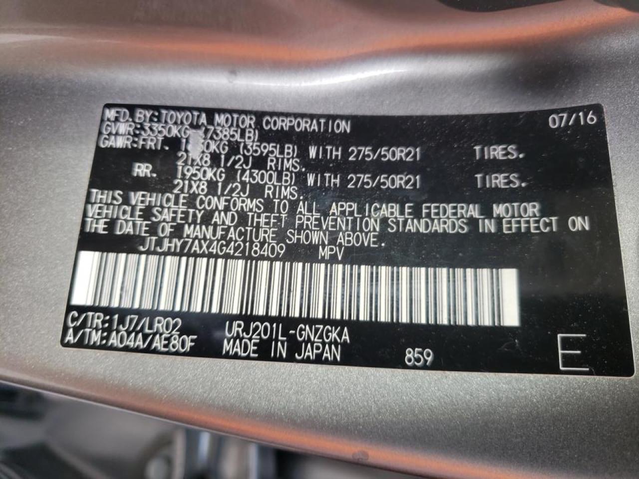 Photo 10 from auction – 2016 LEXUS LX 570 with VIN JTJHY7AX4G4218409