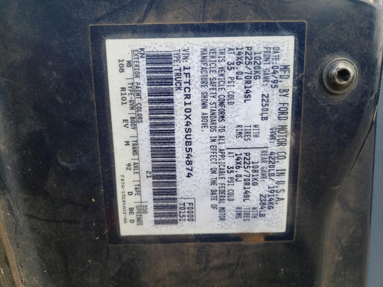 Photo 10 from auction – 1995 FORD RANGER with VIN 1FTCR10X4SUB54874