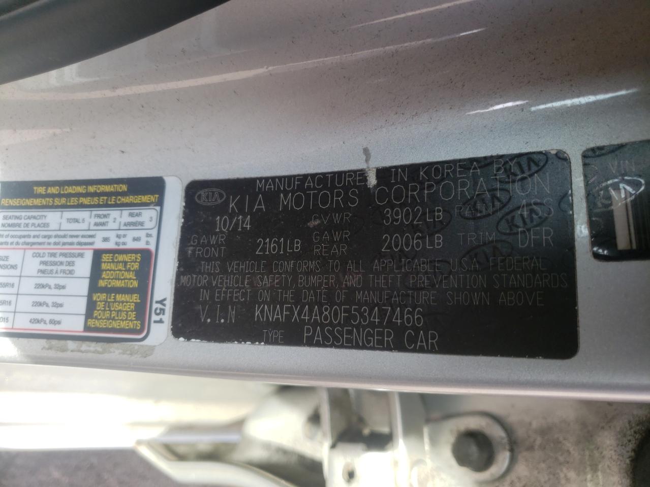 Photo 10 from auction – 2015 KIA FORTE EX with VIN KNAFX4A80F5347466