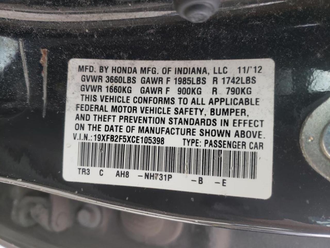 Photo 10 from auction – 2012 HONDA CIVIC LX with VIN 19XFB2F5XCE105398