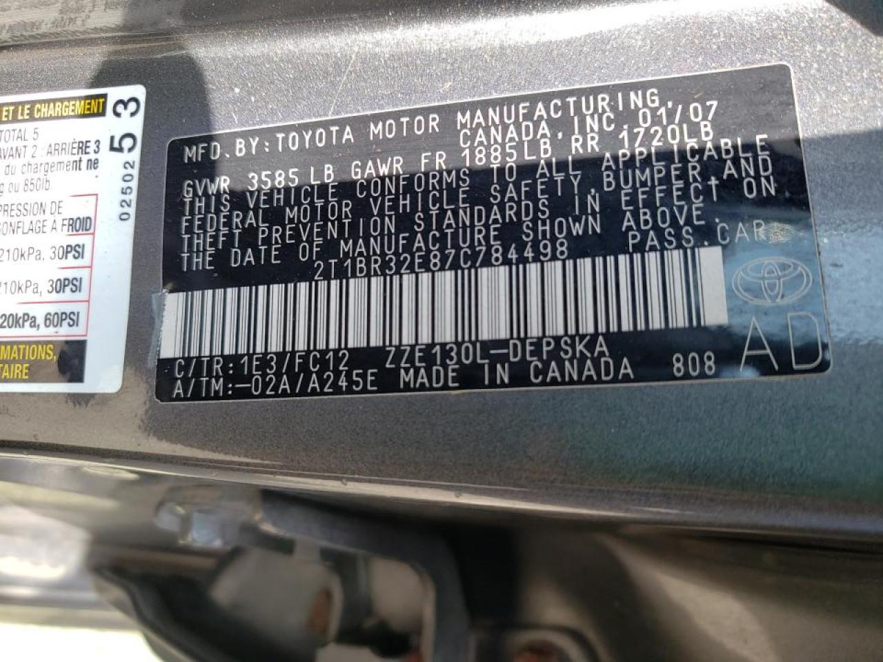 Photo 10 from auction – 2007 TOYOTA COROLLA CE with VIN 2T1BR32E87C784498