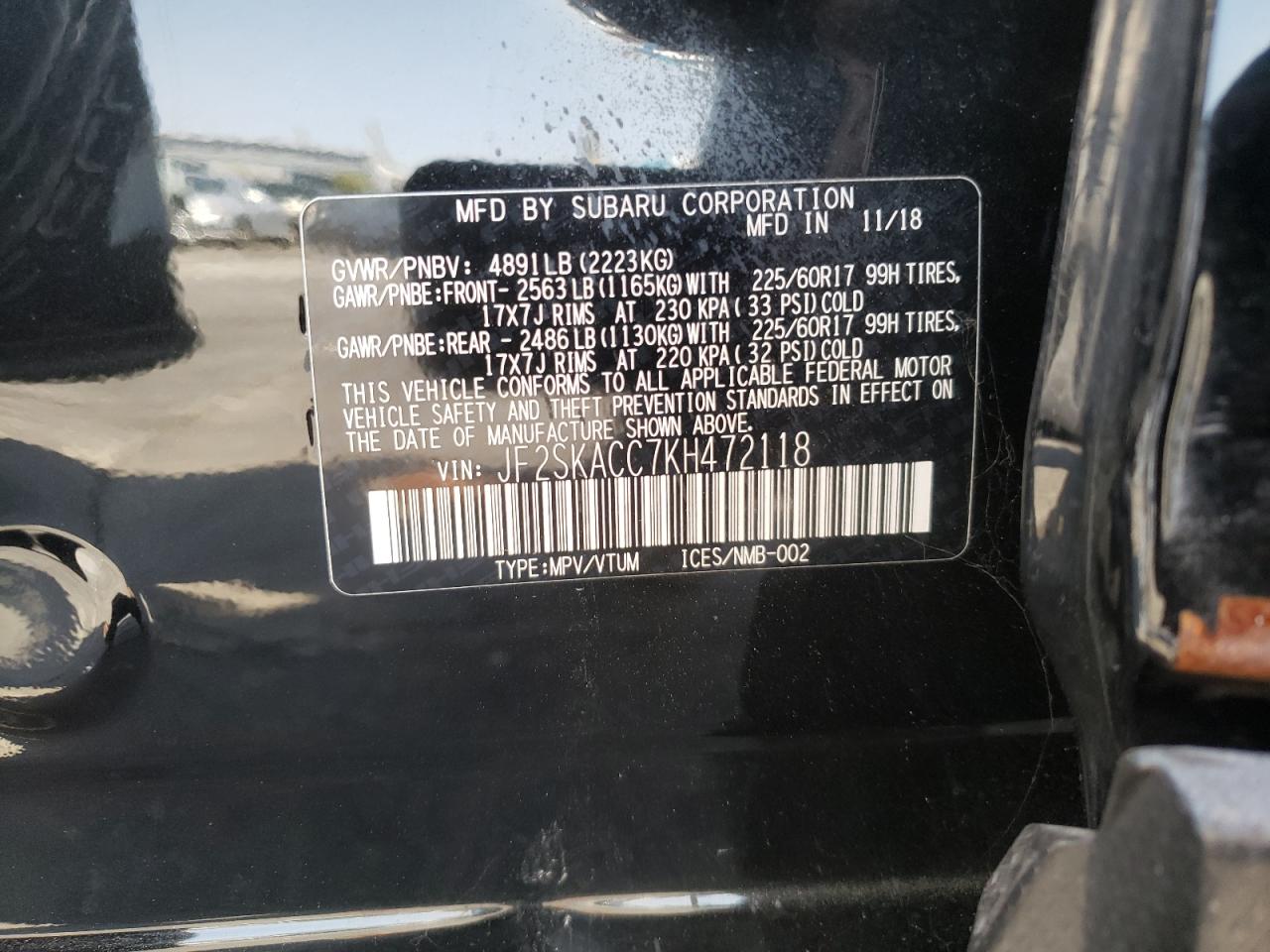 Photo 10 from auction – 2019 SUBARU FORESTER with VIN JF2SKACC7KH472118