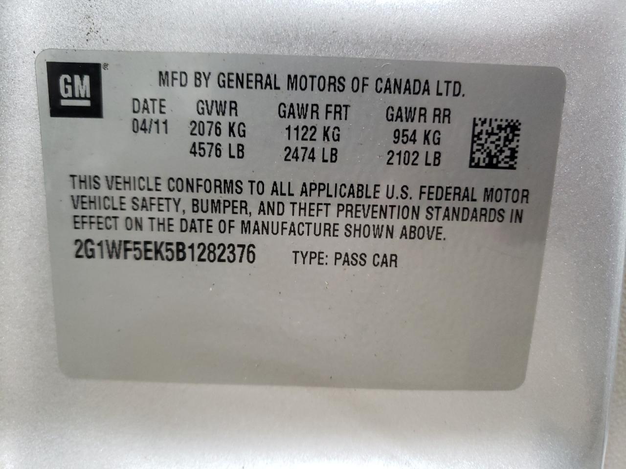 Photo 10 from auction – 2011 CHEVROLET IMPALA LS with VIN 2G1WF5EK5B1282376