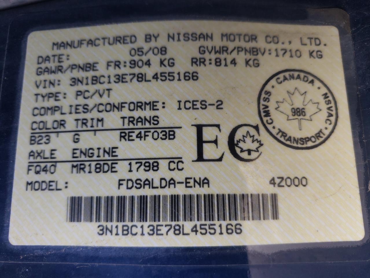 Photo 10 from auction – 2008 NISSAN VERSA S with VIN 3N1BC13E78L455166