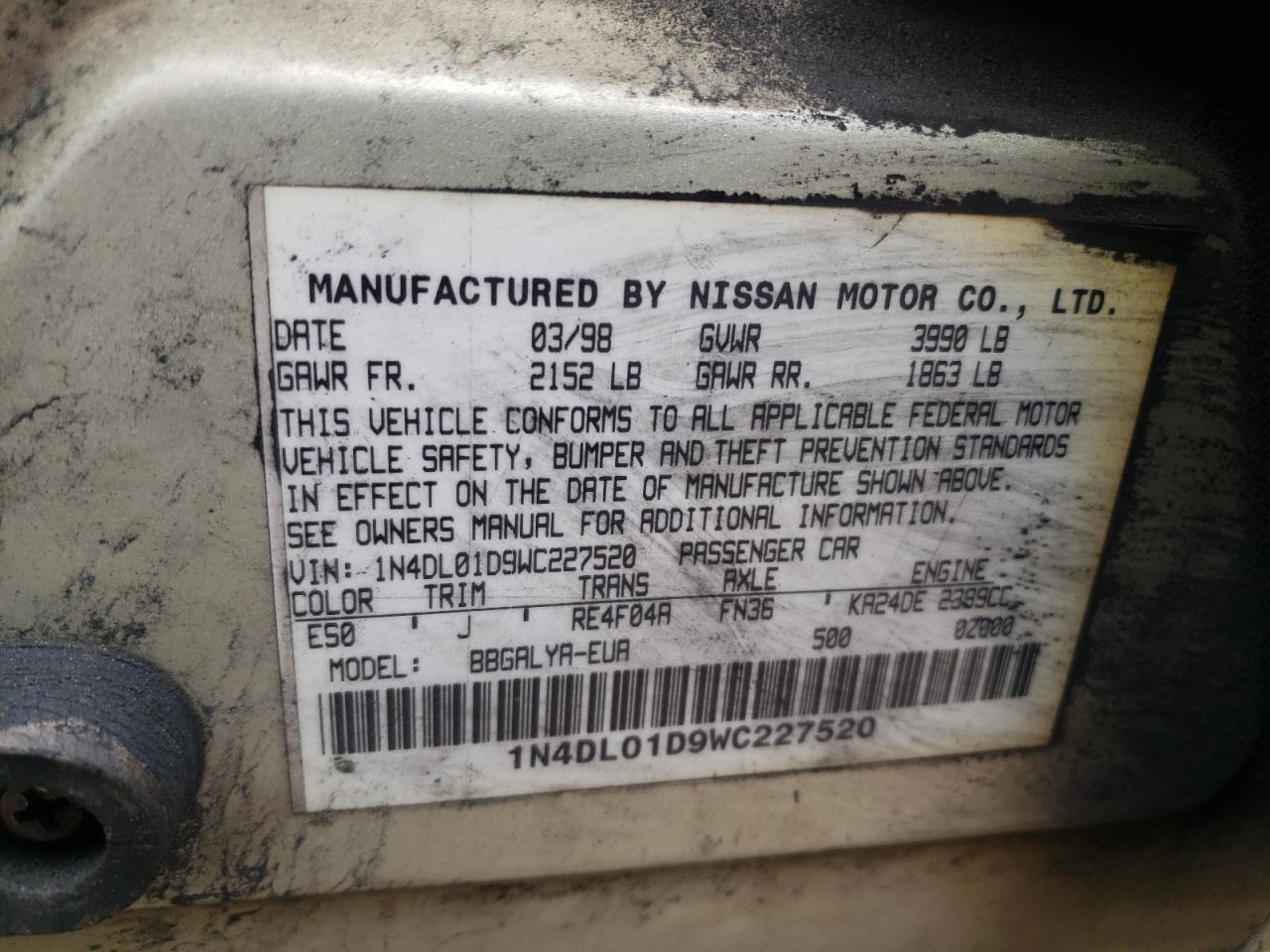 Photo 10 from auction – 1998 NISSAN ALTIMA XE with VIN 1N4DL01D9WC227520