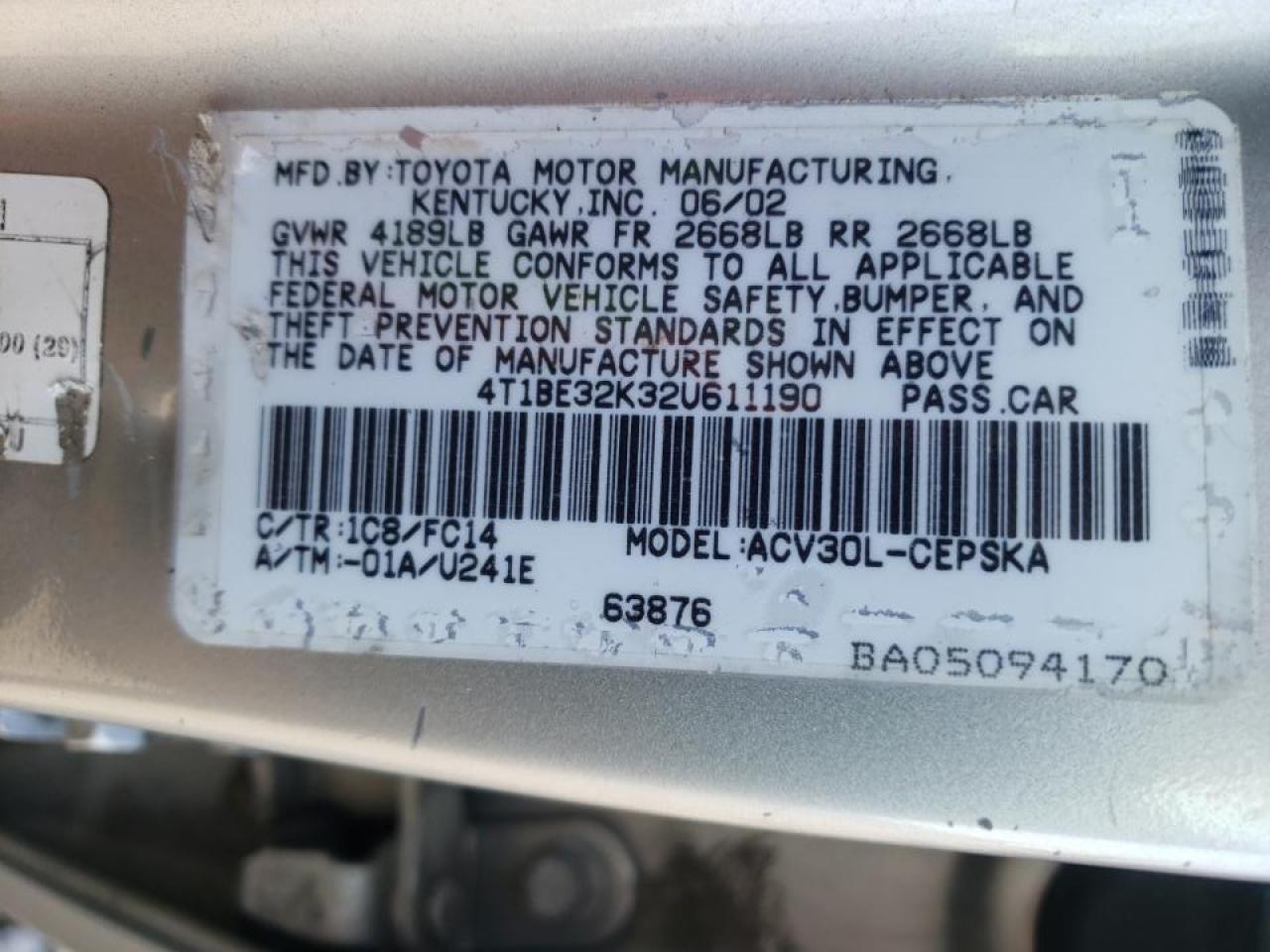 Photo 10 from auction – 2002 TOYOTA CAMRY LE with VIN 4T1BE32K32U611190