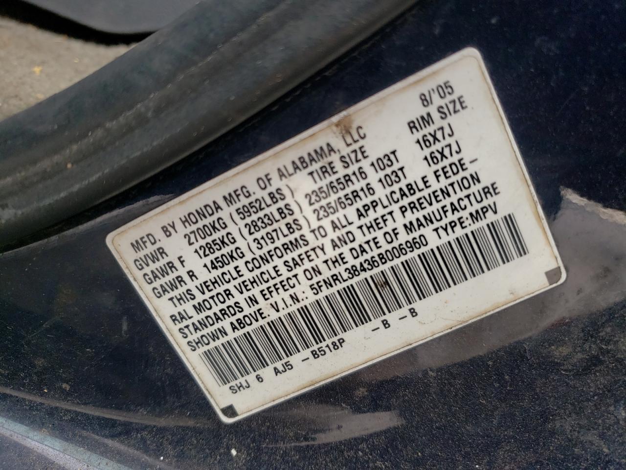 Photo 10 from auction – 2006 HONDA ODYSSEY EX with VIN 5FNRL38436B006960