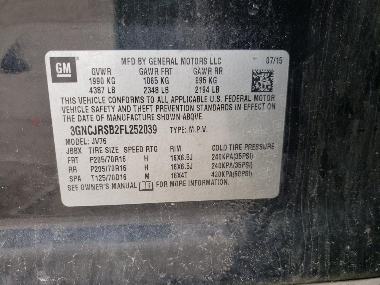 Photo 10 from auction – 2015 CHEVROLET TRAX 1LT with VIN 3GNCJRSB2FL252039