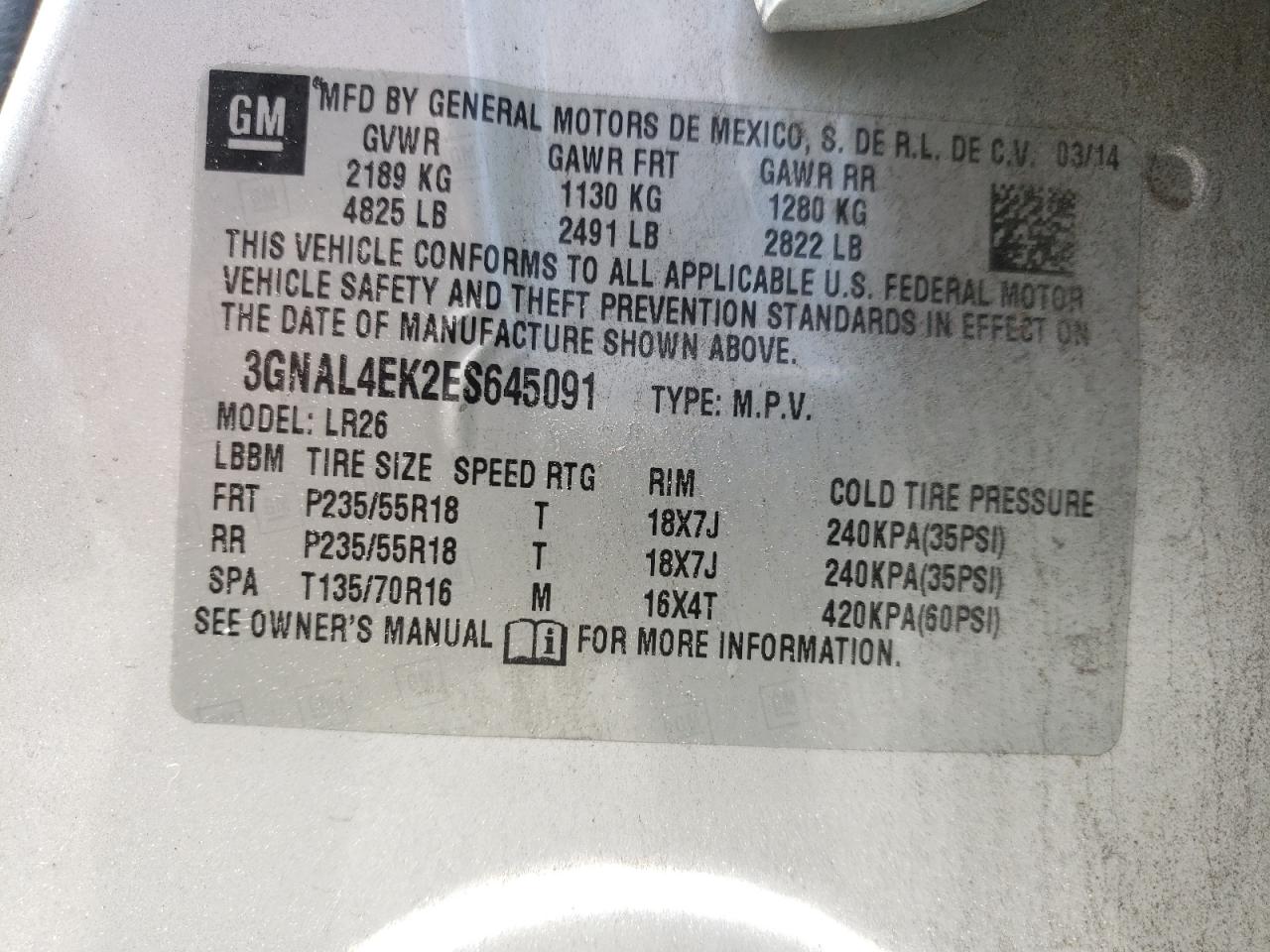 Photo 10 from auction – 2014 CHEVROLET CAPTIVA LT with VIN 3GNAL4EK2ES645091