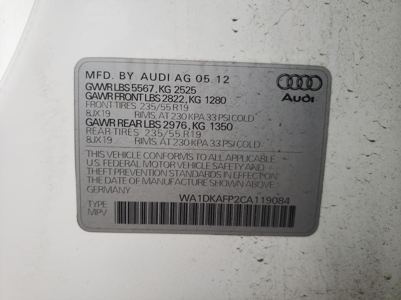 Photo 10 from auction – 2012 AUDI Q5 PREMIUM with VIN WA1DKAFP2CA119084