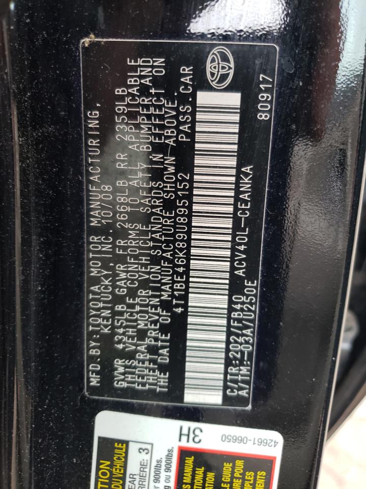 Photo 10 from auction – 2009 TOYOTA CAMRY BASE with VIN 4T1BE46K89U895152