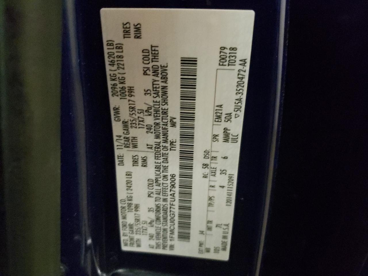 Photo 10 from auction – 2015 FORD ESCAPE SE with VIN 1FMCU0G77FUA79006