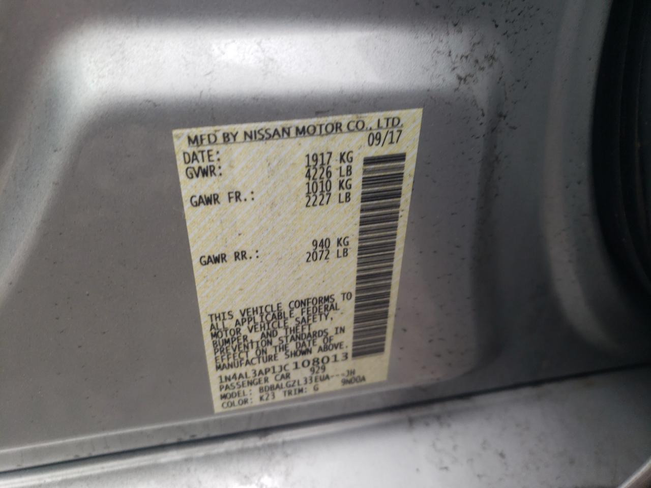 Photo 10 from auction – 2018 NISSAN ALTIMA 2.5 with VIN 1N4AL3AP1JC108013