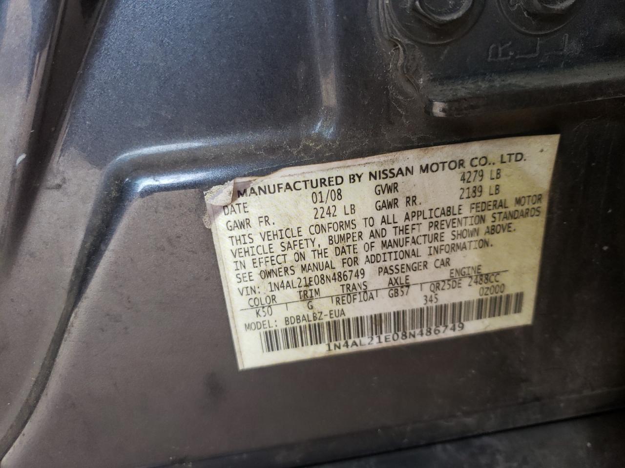 Photo 10 from auction – 2008 NISSAN ALTIMA 2.5 with VIN 1N4AL21E08N486749