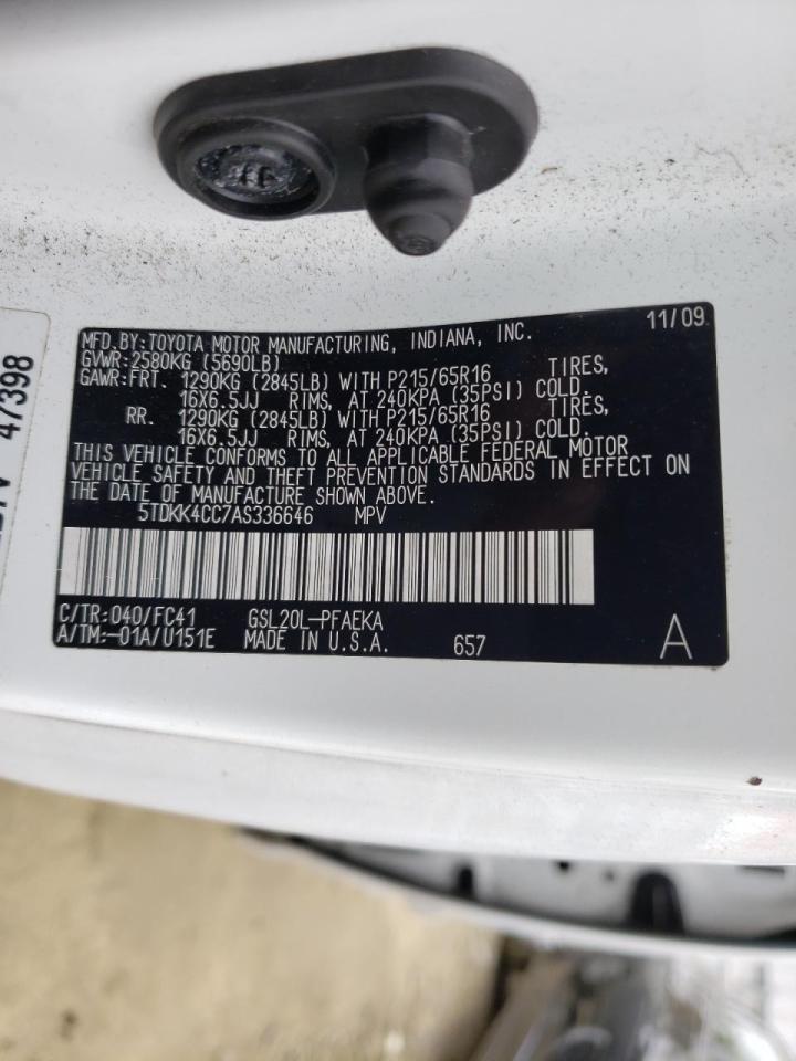 Photo 10 from auction – 2010 TOYOTA SIENNA CE with VIN 5TDKK4CC7AS336646