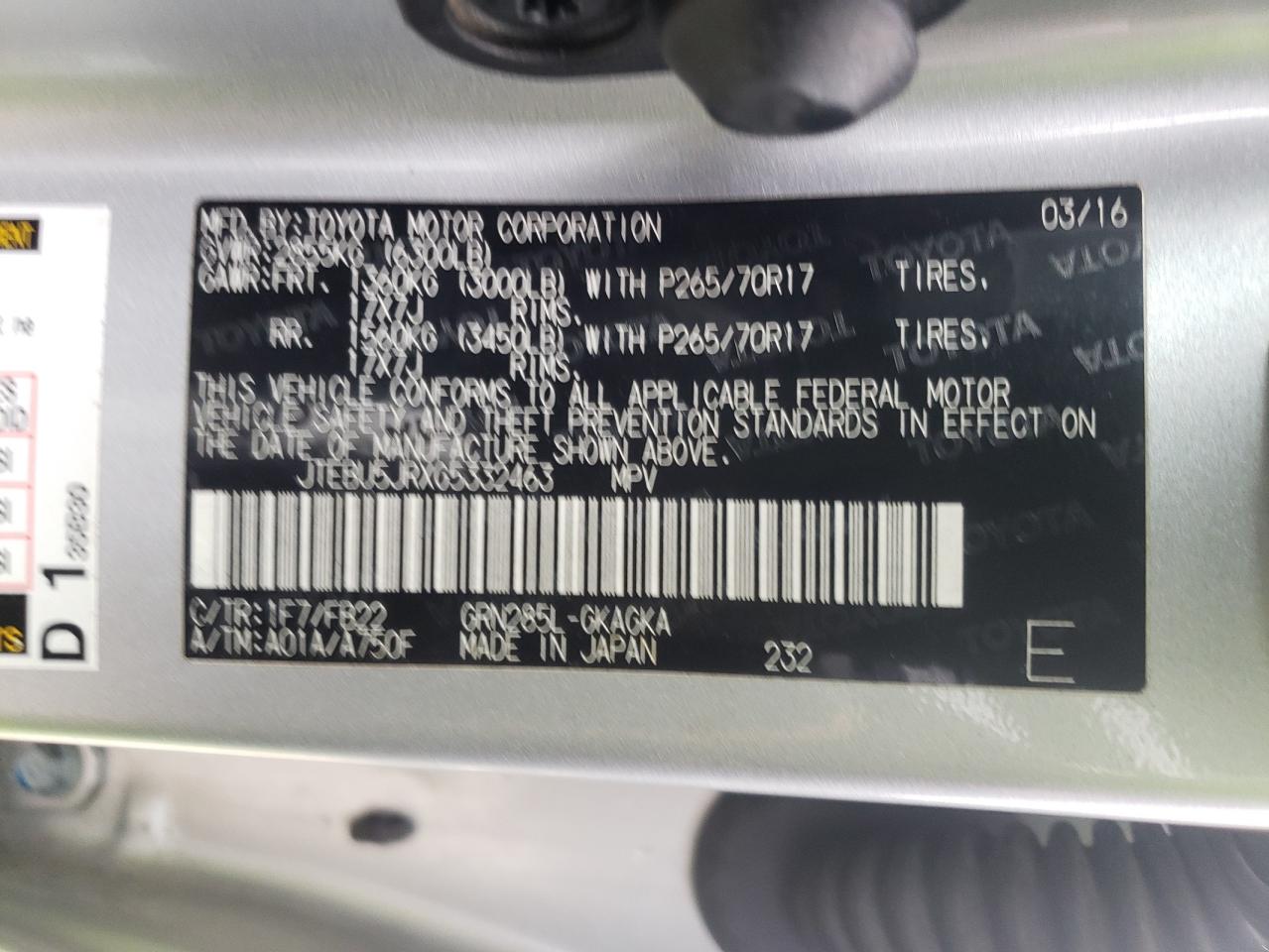 Photo 10 from auction – 2016 TOYOTA 4RUNNER SR with VIN JTEBU5JRXG5332463