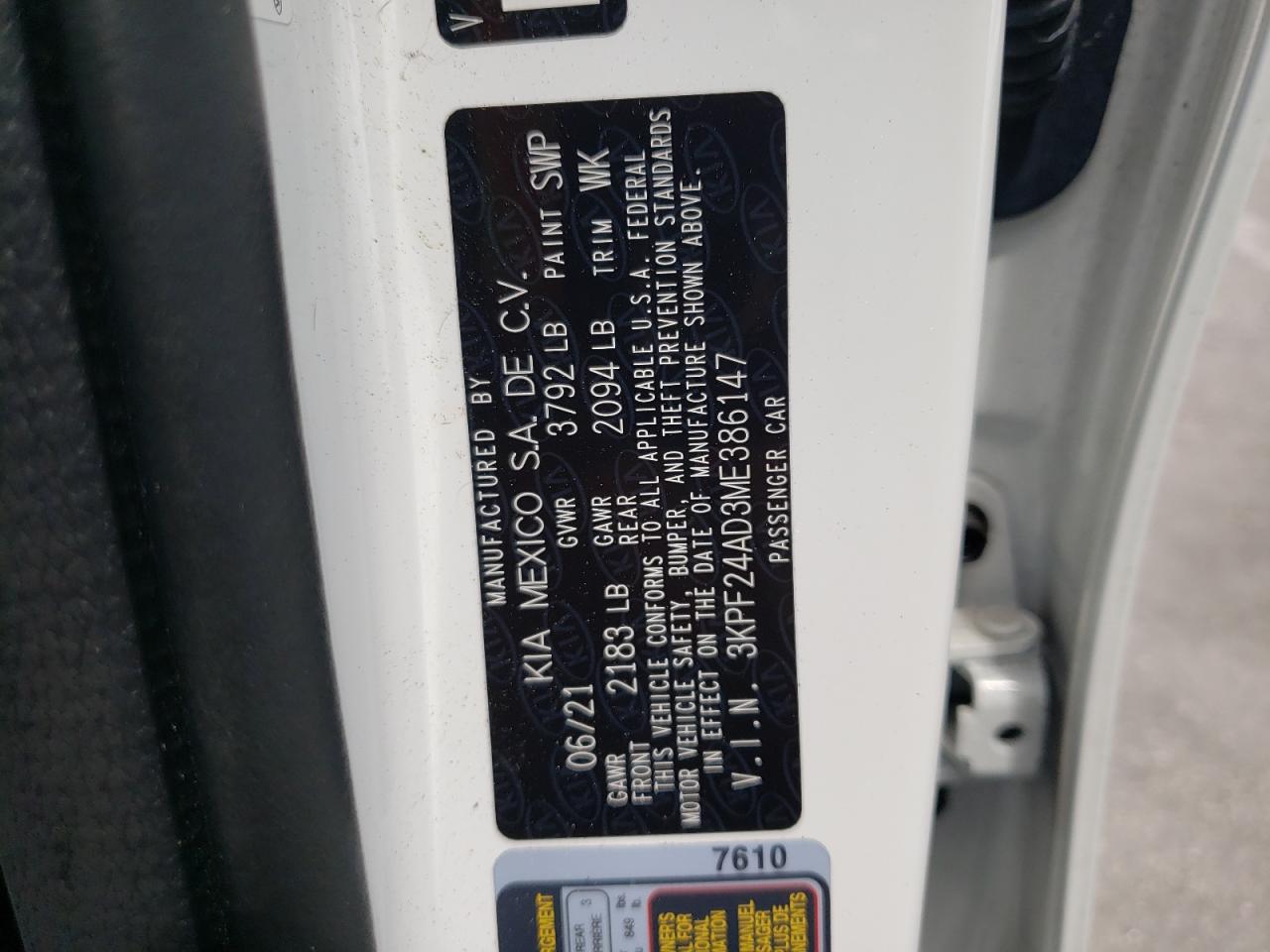Photo 10 from auction – 2021 KIA FORTE FE with VIN 3KPF24AD3ME386147